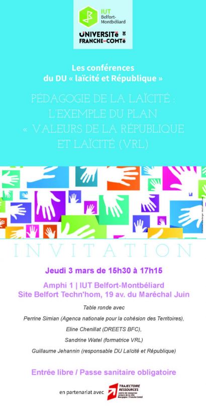 Pédagogie de la laïcité : l’exemple du plan « Valeurs de la République et laïcité », table ronde 3 mars 2022 IUT de Belfort-Montbéliard