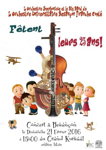 Affiche concert avec des personnages et des instruments dessinés.