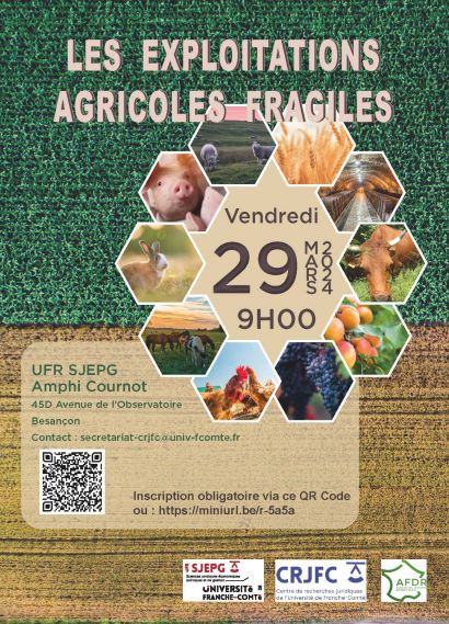 Affiche colloque Exploitations agricoles fragiles 29 mars à partir de 9h, ufr sjepg, 45D Avenue de l'observatoire Besançon