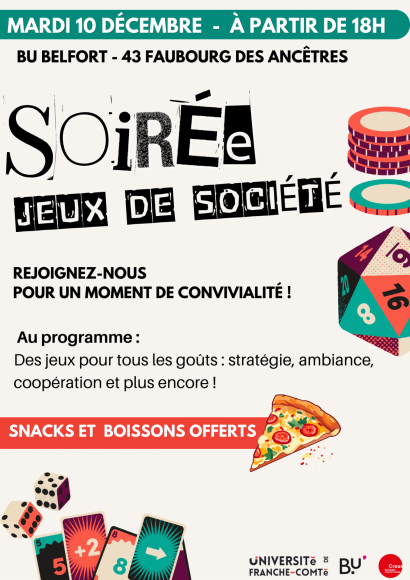 pizza, dés, mention "snacks et boissons offertes"