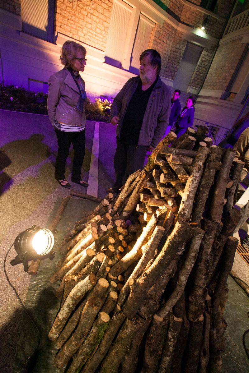 Deux personnes discutent devant un tas de bois.