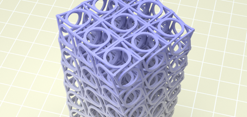 Une image de synthèse représentant une sorte de tour faite de cubes et de cylindres en torsion.