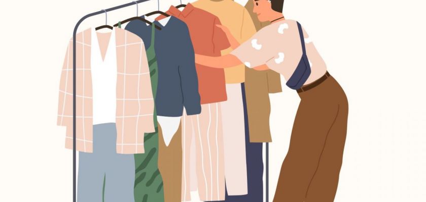 personne choisissant des vêtements sur un portant