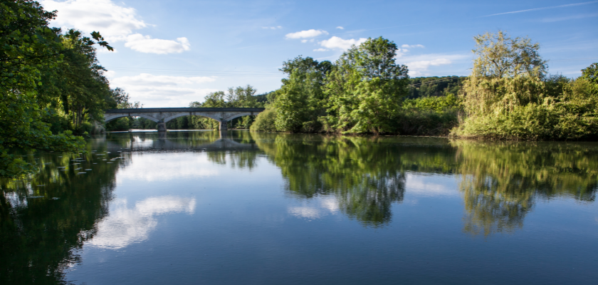 Une vue de l'Ognon avec des arbres et un pont.