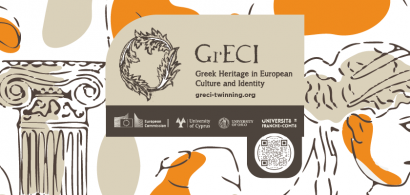 Logo du GrECI sur des formes inspirées des statues grecques