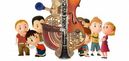 Affiche concert avec des personnages et des instruments dessinés.