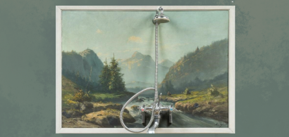 Daniele Spoerri, La Douche, 1961, huile sur toile, robinetterie, tuyau, pomme de douche sur bois, 70,2 x 96,8 x 18,5 cm, Paris, Centre Pompidou