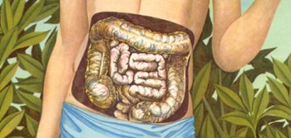 Illustration représentant un jeune homme debout avec les intestins en transparence.