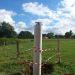 Un pilier avec une antenne sur fond de paysage rural.